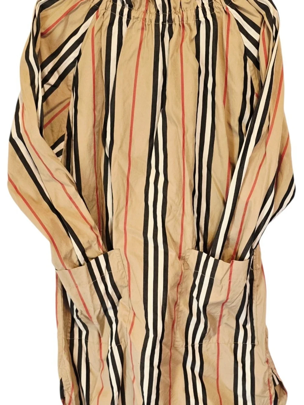 Burberry Beige Striped Button-Front Kids Dress with Black and Red Stripes